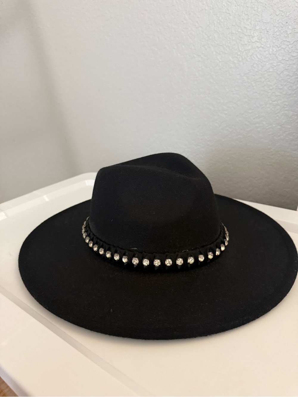 Black Women's Wide Brim Hat with Rhinestone Band